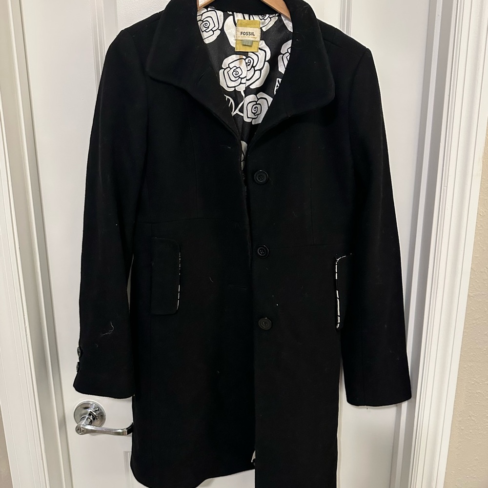 Fossil Black Pea Coat Classic Mid-Length